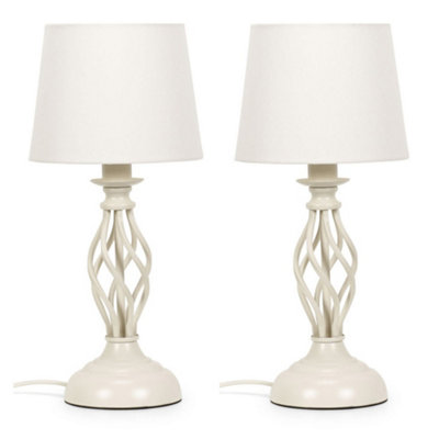 ValueLights Memphis Pair of Cream Twist Table Lamps with a Fabric Lampshade Bedroom Bedside Light