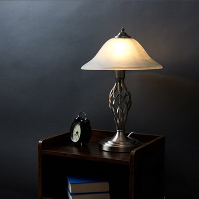 ValueLights Memphis Pair of Traditional Style Satin Nickel Barley Twist Table Lamps with Frosted Shades