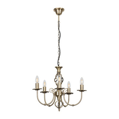 ValueLights Memphis Style Antique Brass Barley Twist 5 Way Ceiling Light Chandelier with 5 x 4w SES E14 LED Warm White Bulb