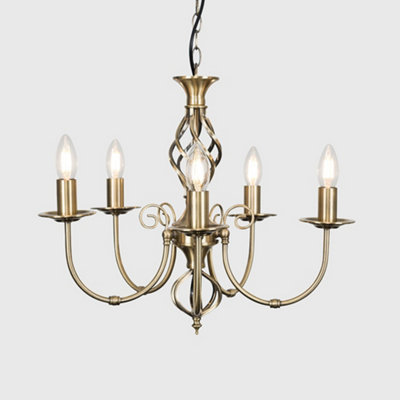 ValueLights Memphis Style Antique Brass Barley Twist 5 Way Ceiling Light Chandelier with 5 x 4w SES E14 LED Warm White Bulb