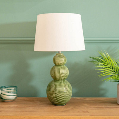 ValueLights Mia Green Ceramic Stacked Balls Table Lamp with a White Tapered Fabric Shade