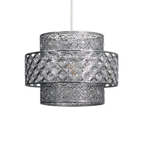 ValueLights Modern 3 Tier Intricate Pattern Chrome Ceiling Pendant Light Shade With Clear Crystal Jewels