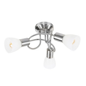 ValueLights Modern 3 Way Brushed Chrome Flush Curved Swirl Arm Ceiling Light with Frosted Opal Glass Shades