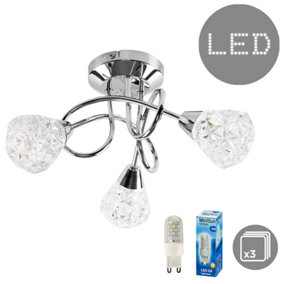 ValueLights Modern 3 Way Crossover Silver Chrome Ceiling Light with Diamond Effect Glass Shades - Including Bulbs