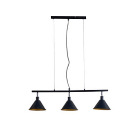 ValueLights Modern 3 Way Suspended Ceiling Light With Matt Black Gold Metal Cone Shades