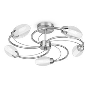 ValueLights Modern 5 Way Brushed Chrome & Glass Swirl Design Flush Ceiling Light