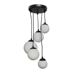 ValueLights Modern 5 Way Hanging Matt Black And Glass Globe Shade Ceiling Pendant Light Fitting