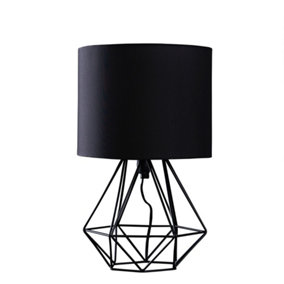 ValueLights Modern Black Metal Basket Cage Bed Side Table Lamp With Black Fabric Shade With LED Golfball Bulb In Warm White