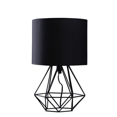 ValueLights Modern Black Metal Basket Cage Bed Side Table Lamp With Black Fabric Shade