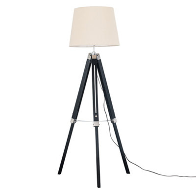 ValueLights Modern Black Wood And Silver Chrome Tripod Floor Lamp With Beige Shade