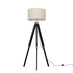 ValueLights Modern Black Wood And Silver Chrome Tripod Floor Lamp With Beige Shade