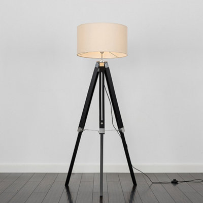ValueLights Modern Black Wood And Silver Chrome Tripod Floor Lamp With Beige Shade