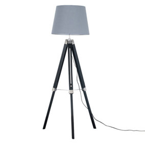ValueLights Modern Black Wood And Silver Chrome Tripod Floor Lamp With Grey Light Shade