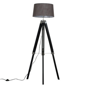 ValueLights Modern Black Wood And Silver Chrome Tripod Floor Lamp With Grey Shade
