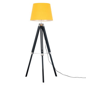 ValueLights Modern Black Wood And Silver Chrome Tripod Floor Lamp With Mustard Shade