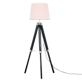 ValueLights Modern Black Wood And Silver Chrome Tripod Floor Lamp With Pink Light Shade