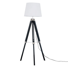 ValueLights Modern Black Wood And Silver Chrome Tripod Floor Lamp With White Light Shade