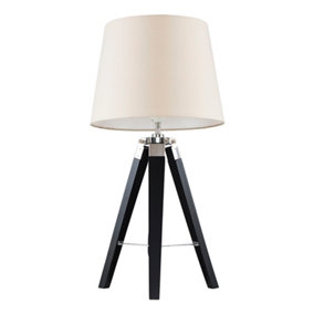 ValueLights Modern Black Wood And Silver Chrome Tripod Table Lamp With Beige Light Shade