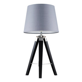 ValueLights Modern Black Wood And Silver Chrome Tripod Table Lamp With Grey Light Shade