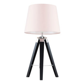 ValueLights Modern Black Wood And Silver Chrome Tripod Table Lamp With Pink Light Shade
