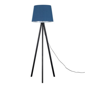 ValueLights Modern Black Wood Tripod Design Floor Lamp With Navy Blue  hade
