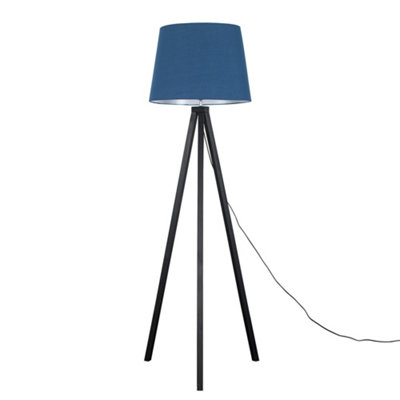 ValueLights Modern Black Wood Tripod Design Floor Lamp With Navy Blue Shade