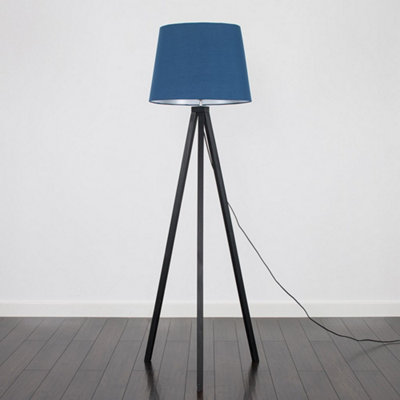 ValueLights Modern Black Wood Tripod Design Floor Lamp With Navy Blue Shade