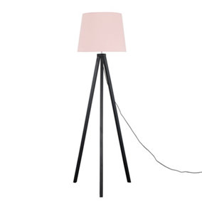 ValueLights Modern Black Wood Tripod Design Floor Lamp With Pink Tapered Shade - Includes 6w LED GLS Bulb 3000K Warm White