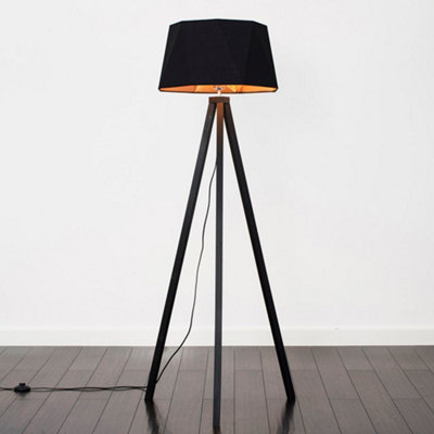 ValueLights Modern Black Wood Tripod Floor Lamp With Black Copper Light Shade