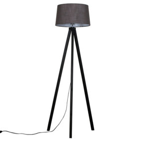 ValueLights Modern Black Wood Tripod Floor Lamp With Grey Tapered Shade - Includes 6w LED GLS Bulb 3000K Warm White