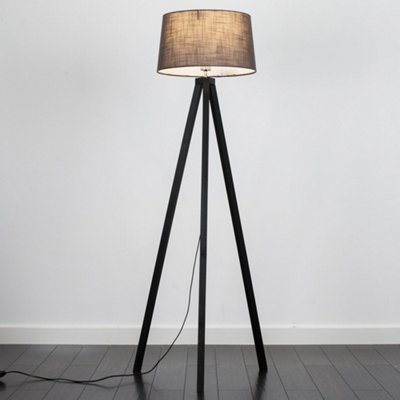 ValueLights Modern Black Wood Tripod Floor Lamp With Grey Tapered Shade - Includes 6w LED GLS Bulb 3000K Warm White