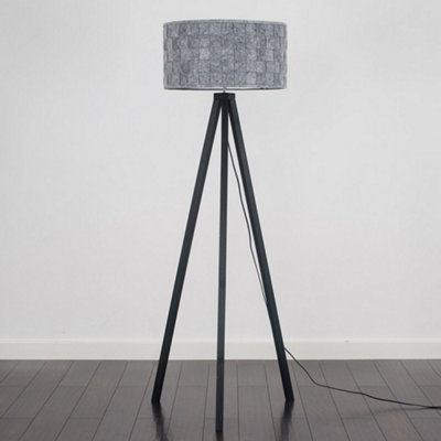 ValueLights Modern Black Wood Tripod Floor Lamp With Grey Weave Fabric Shade
