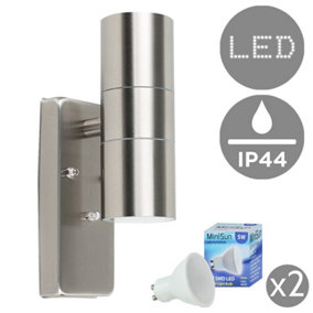 ValueLights Modern Brushed Chrome IP44 Rated Up/Down Outdoor Security Wall Light - Complete with 2 x 5W GU10 Cool White LED Bulbs