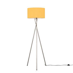 ValueLights Modern Brushed Chrome Metal Tripod Floor Lamp with a Mustard Drum Shade