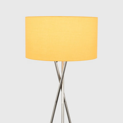 ValueLights Modern Brushed Chrome Metal Tripod Floor Lamp with a Mustard Drum Shade