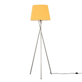 ValueLights Modern Brushed Chrome Metal Tripod Floor Lamp with a Mustard Tapered Shade