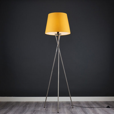ValueLights Modern Brushed Chrome Metal Tripod Floor Lamp with a Mustard Tapered Shade