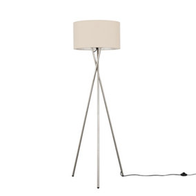 ValueLights Modern Brushed Chrome Metal Tripod Floor Lamp With Beige Cylinder Shade - Includes 6w LED Bulb 3000K Warm White