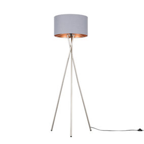ValueLights Modern Brushed Chrome Metal Tripod Floor Lamp With Grey And Copper Shade
