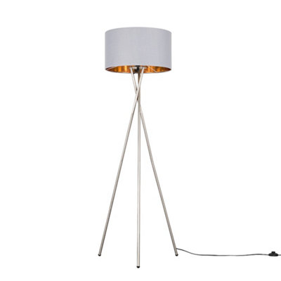 ValueLights Modern Brushed Chrome Metal Tripod Floor Lamp With Grey And Gold Shade