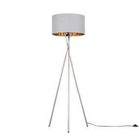 ValueLights Modern Brushed Chrome Metal Tripod Floor Lamp With Grey And Gold Shade