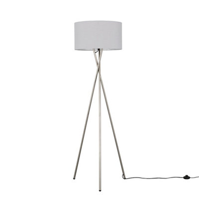 ValueLights Modern Brushed Chrome Metal Tripod Floor Lamp With Pale Grey Shade