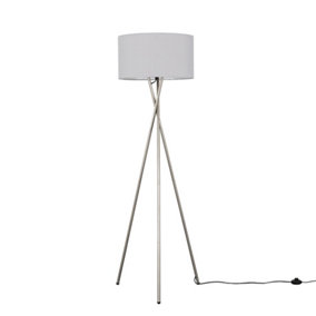 ValueLights Modern Brushed Chrome Metal Tripod Floor Lamp With Pale Grey Shade