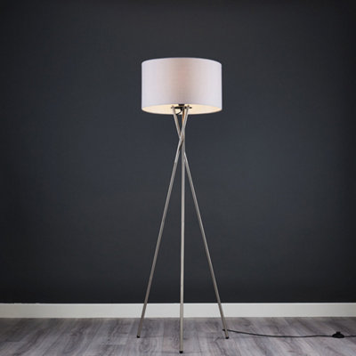 ValueLights Modern Brushed Chrome Metal Tripod Floor Lamp With Pale Grey Shade