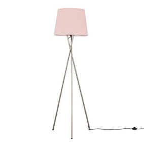 ValueLights Modern Brushed Chrome Metal Tripod Floor Lamp With Pink Shade