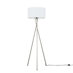 ValueLights Modern Brushed Chrome Metal Tripod Floor Lamp With White Cylinder Shade - Includes 6w LED Bulb 3000K Warm White