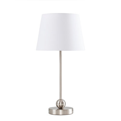 ValueLights Modern Brushed Chrome Single Stem Metal Ball Table Lamp With White Tapered Shade With LED Golfball Bulb In Warm White