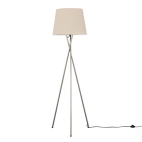 ValueLights Modern Brushed Chrome Tripod Floor Lamp With Beige Shade