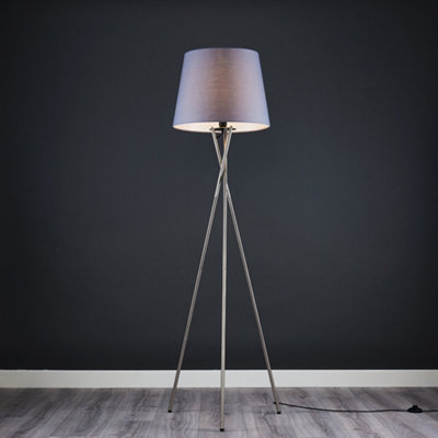 ValueLights Modern Brushed Chrome Tripod Floor Lamp With Grey Fabric Shade
