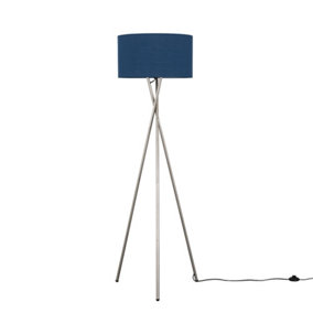 ValueLights Modern Brushed Chrome Tripod Floor Lamp With Navy Blue Fabric Shade